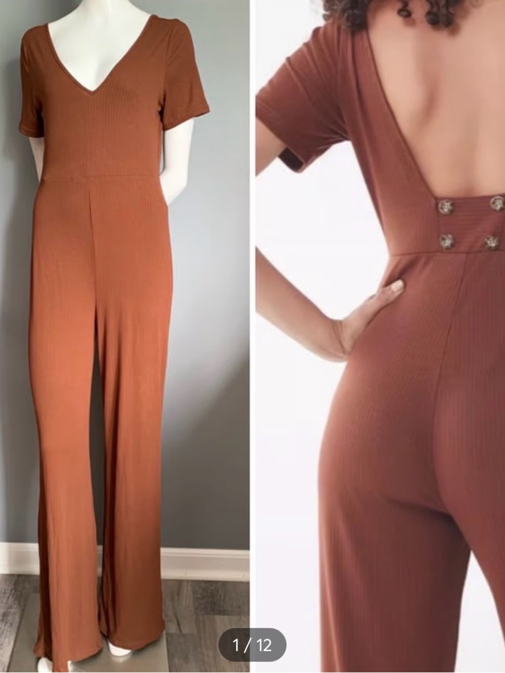 Urban outfitters ribbed Wide-Leg Jumpsuit - Rust
